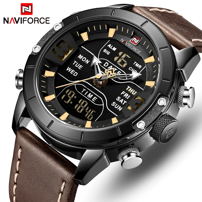 

Часы наручные NAVIFORCE Мужские кварцевые, роскошные брендовые водонепроницаемые в стиле милитари, с кожаным ремешком, спортивные