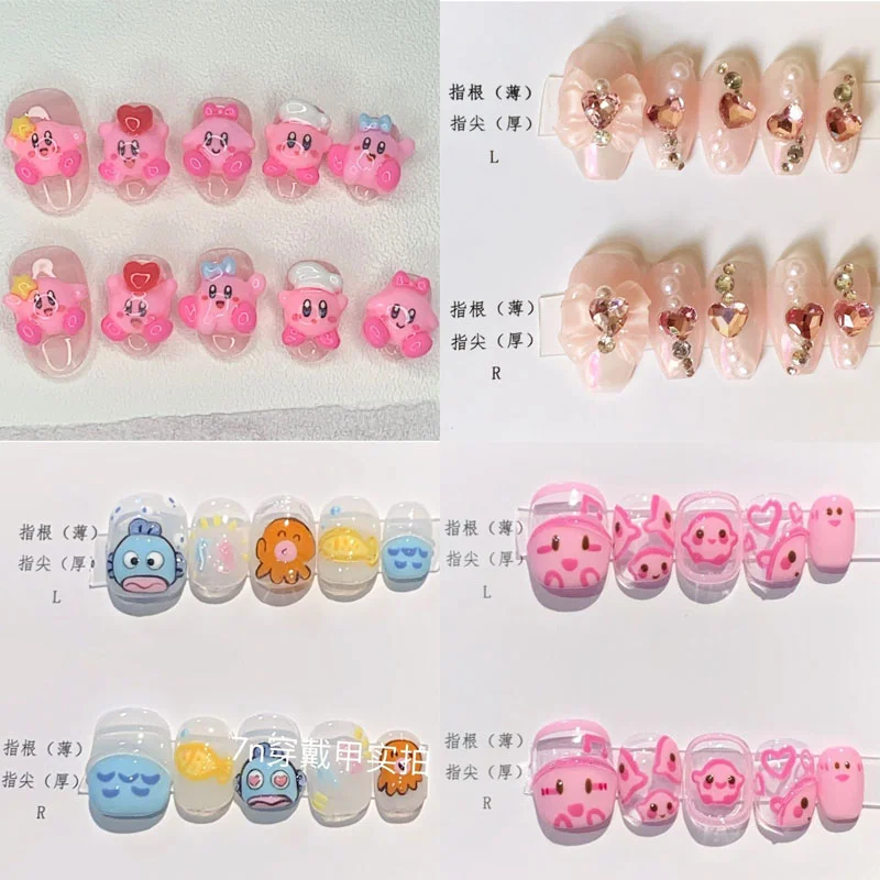

10pcs Sanrio Hangyodon Fake Nails Kirby Ins Y2k Handmade High-End Nail with Glue New Cute Colorful False Nails with Wearing Tool