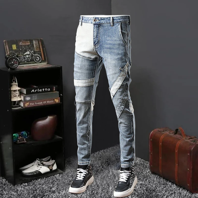 Мужские осенние облегающие эластичные джинсы синего и белого цвета с
