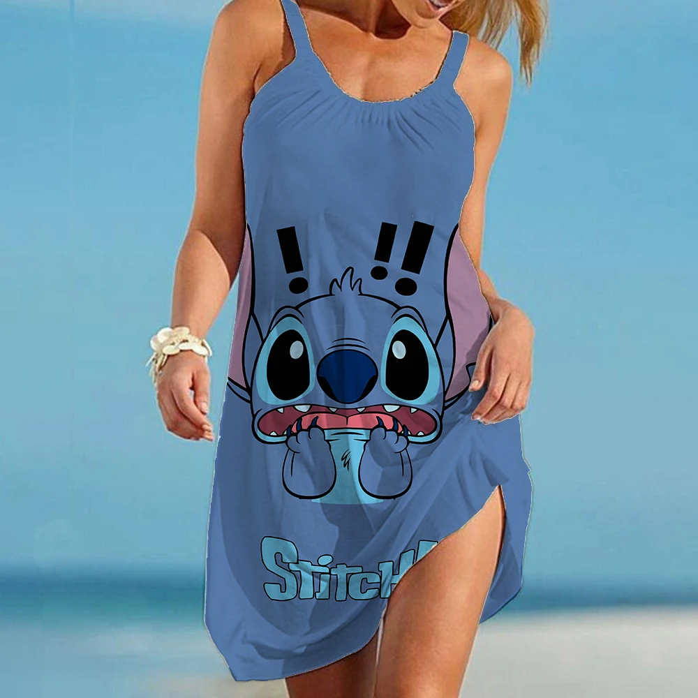 

Summer High-end Beach Dress Disney Stitch Hand-painted Design Seaside Holiday Blue Suspender Dress Casual Women