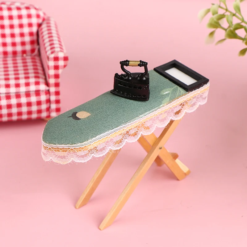 

1Set 1:12 Dollhouse Miniature Lace Ironing Table Irons Furniture Model With Iron Sewing Scene Decor Doll House Accessories