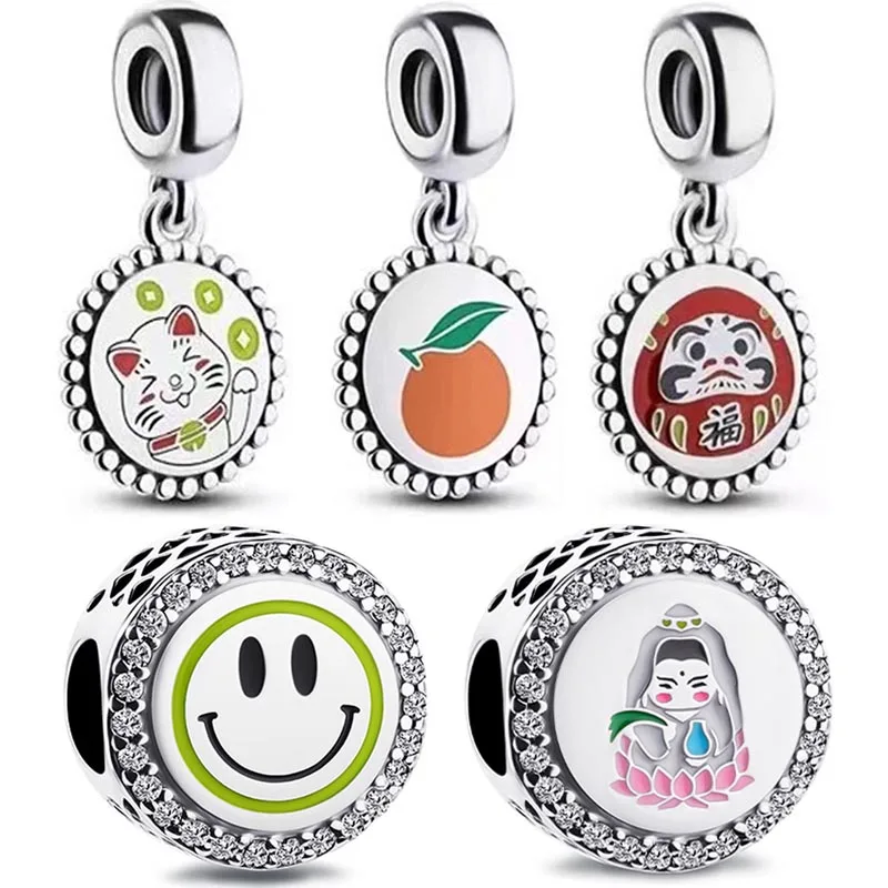 

2021 China Exclusive Lucky Cat Orange Motif Smiley Guanyin Dangle Charm 925 Sterling Silver Beads Fit Bracelet DIY Jewelry