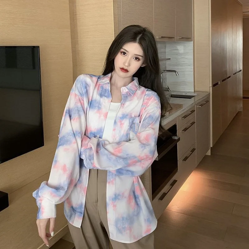 

Oversize Street Style Thin Women Shirt Blouse Tie Dye Long Sleeve Ladies Tunic Shirt Summer Y2K Button Female Clothing Tops