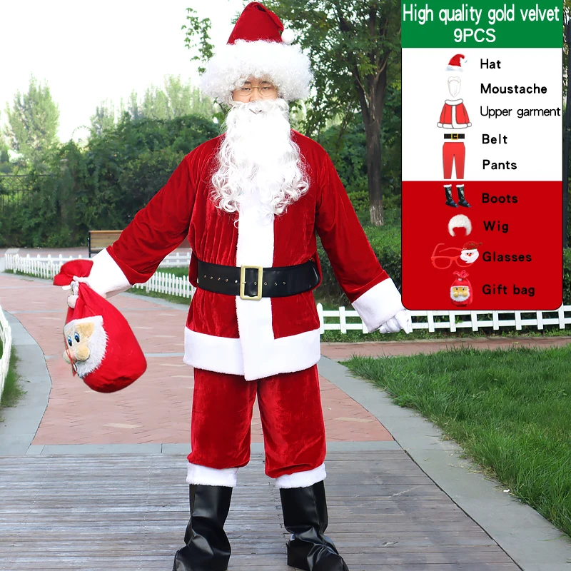 

8pcs/lots Christmas Santa Claus Costume Beard Men Cosplay Velvet Clothes Fancy Dress In Christmas Party Suit for Adults