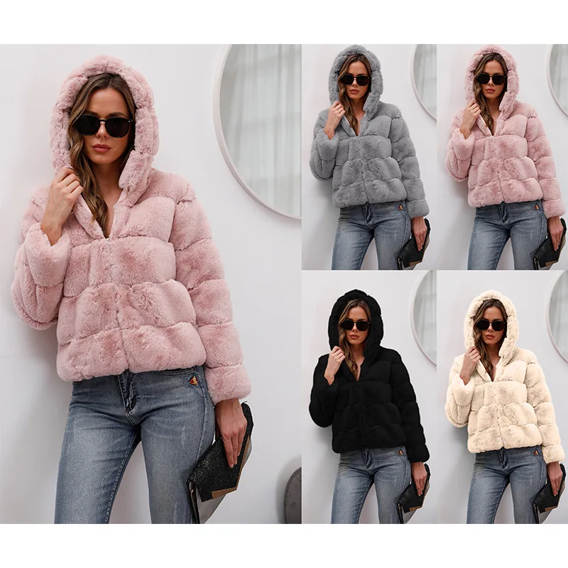 2022 New Short Faux Fur Coat Solid Color Loose Horizontal Patchwork Hooded Coat Imitation Fur Warm Coat Autumn Winter