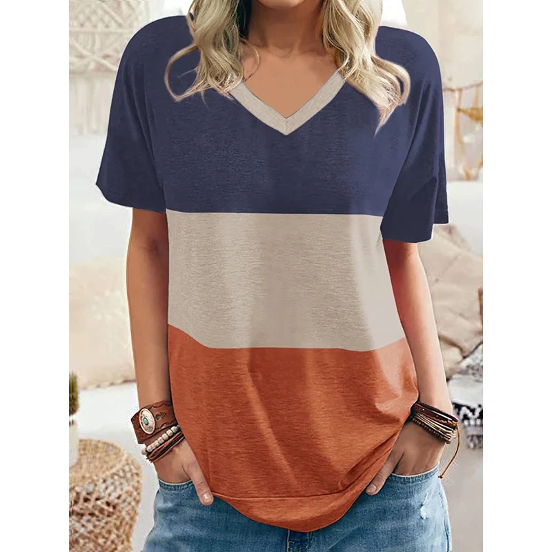 

Womens Blouses and Tops Summer Color Matching V-neck Casual Loose Short-sleeve T-shirt Streetwear Top Vintage Shirts Pullover