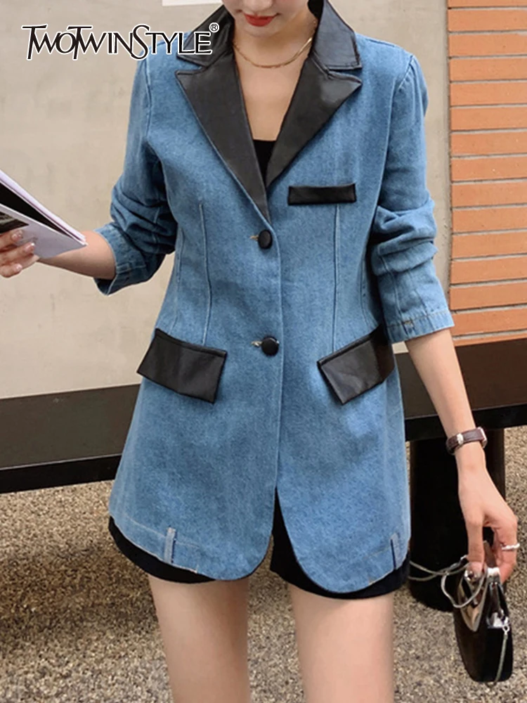 

TWOTWINSTYLE Hit Color Spliced Denim Blazers For Women Notched Collar Long Sleeve Vintage Casual Blazer Female Fashion Clothing