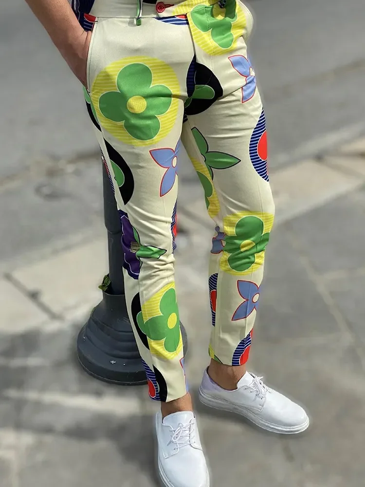 

Spring Retro Pattern Print Straight Long Pants Men Business Mid Waist Zipper Suit Trousers Mens Autumn Fashion Streetwear
