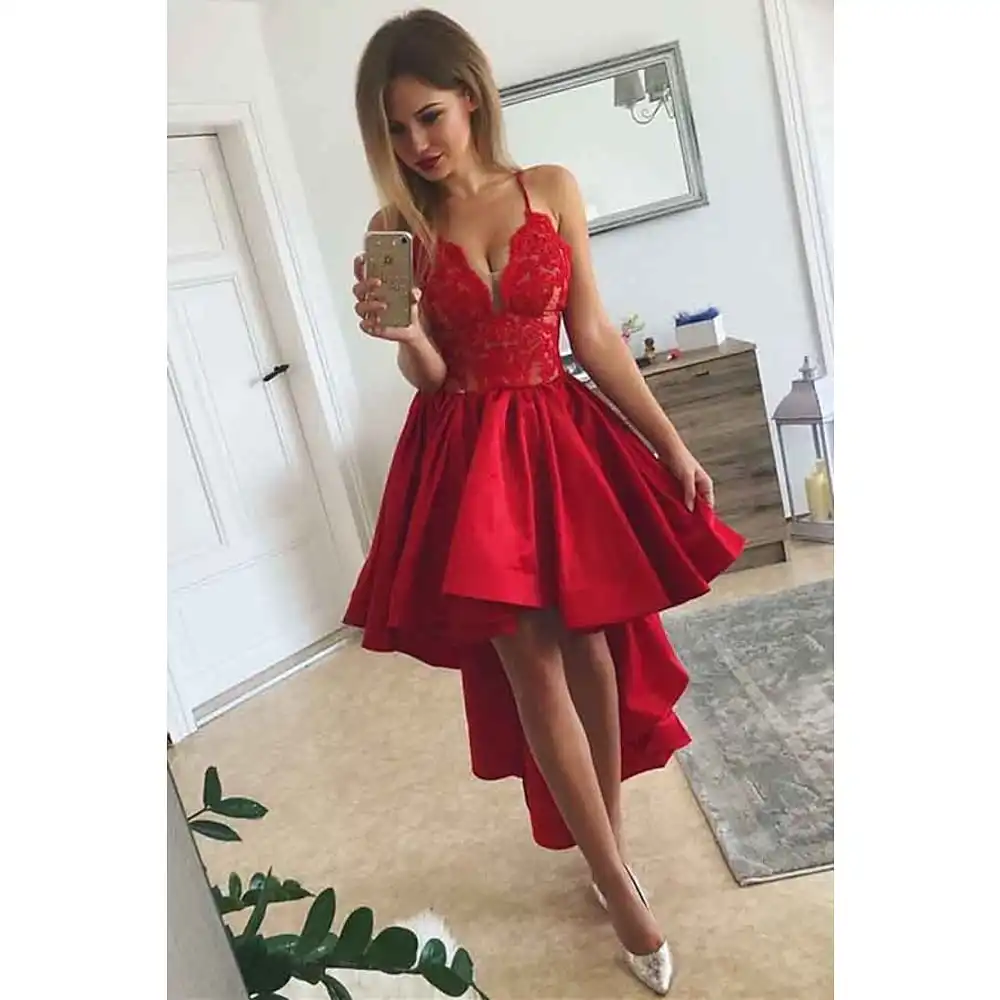

Red Spaghetti Straps Lace Applique Front Short Long Back Cocktail Party Dress Formal Occasion Dresses