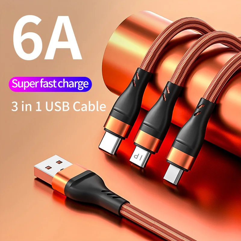 

USB-кабель для передачи данных и быстрой зарядки, 6 А, 3 в 1