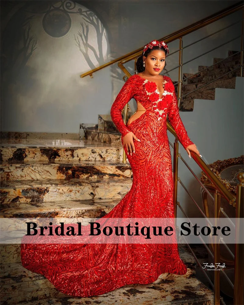 

Glitter Red Sequins Mermaid Evening Dresses Plus Size Sheer Neck Long Sleeves Flower Appliques Aso Ebi Wedding Gowns Gowns Robe
