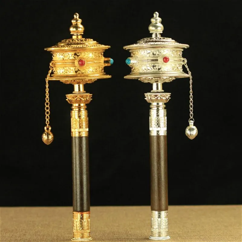 

30cm Alloy Metal Silver/Gold Double Layered Buddhist Supplier Smooth Quiet Six Words Scripture Hand Cranking Prayer Wheel Crafts