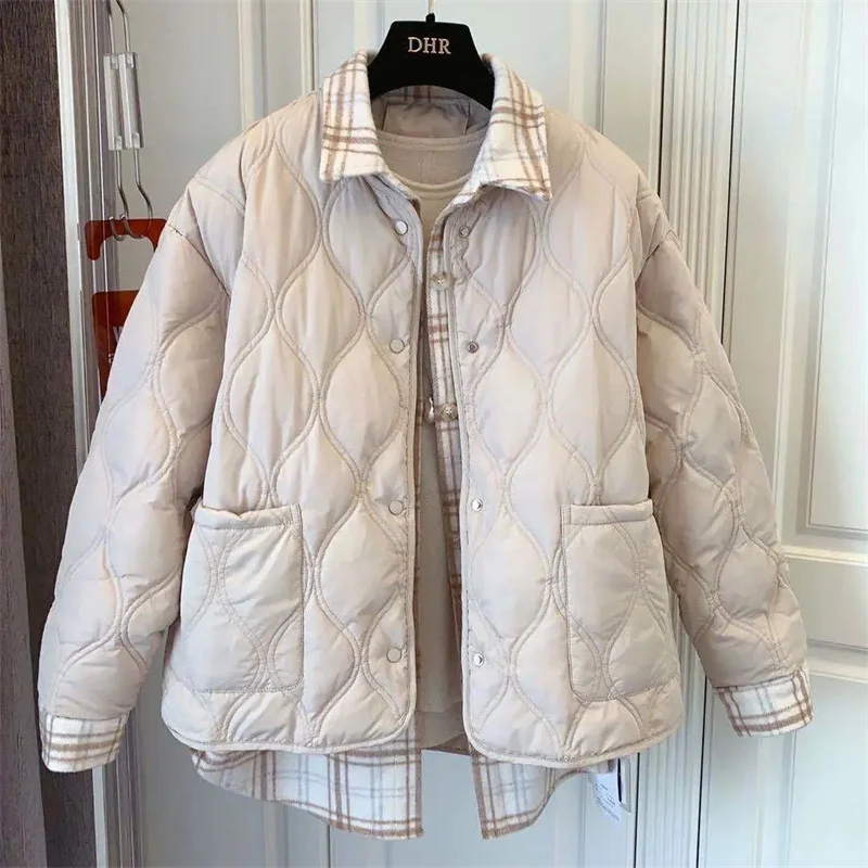 Thick Down Cotton Coat Autumn And Winter New Hong Kong Style Loose Student Stitching Retro Plaid Shirt Fake Two-Piece Coat Women