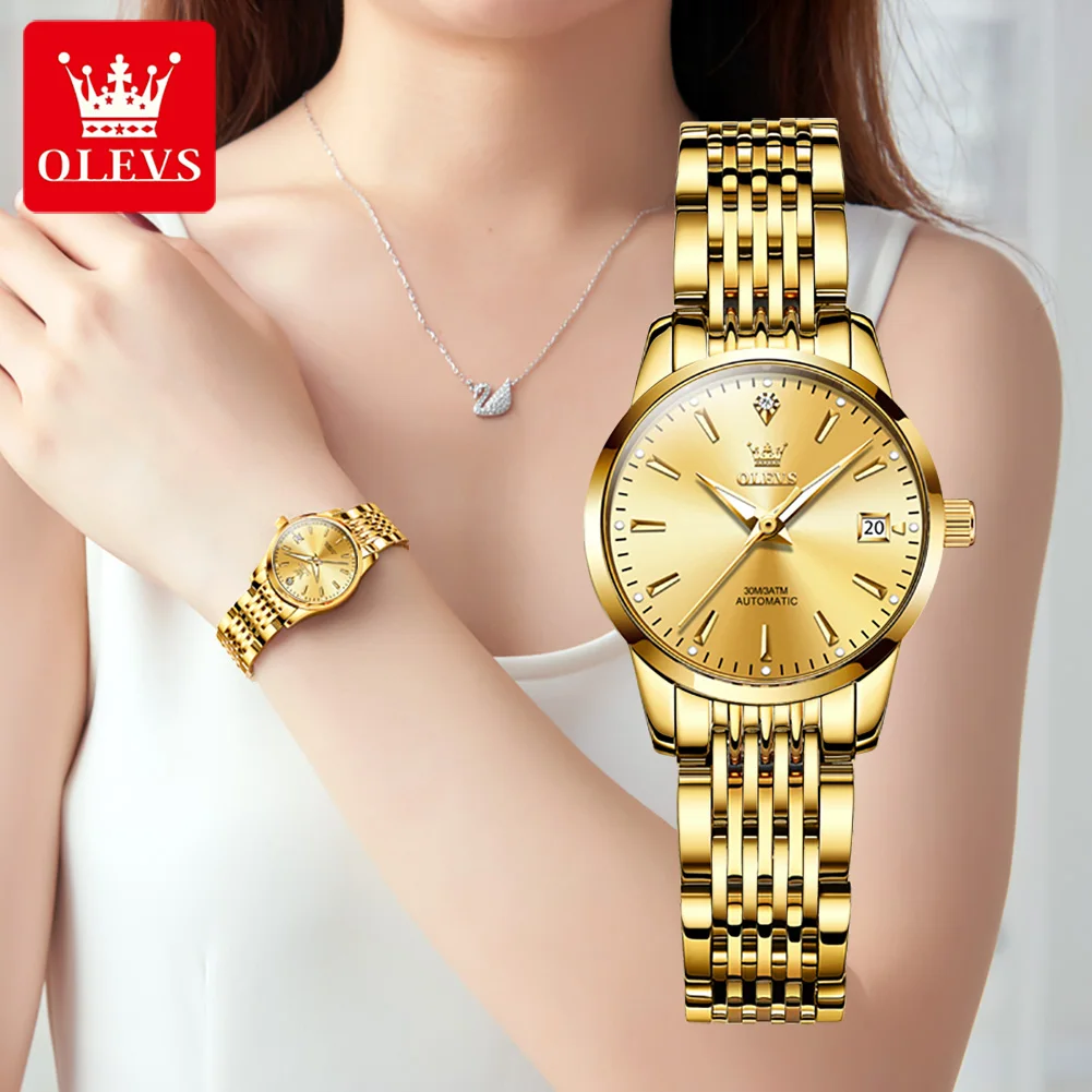 

Womens Watches Classic Rhinestone Clock Analog Date Ladies Automatic Mechanical Stainless Steel Band Luminous Hands Wristwatch