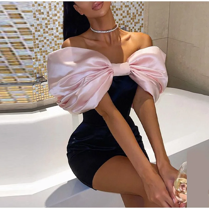 

New Fashion Women Bodycon Dress Off Shoulder Big Bowknot Skinny Dresses For Club Cocktail Party clothing women