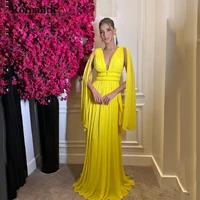 romantic a line yellow eveing dresses modern chiffon cape sleeves v neck floor length low back party formal gowns custom made