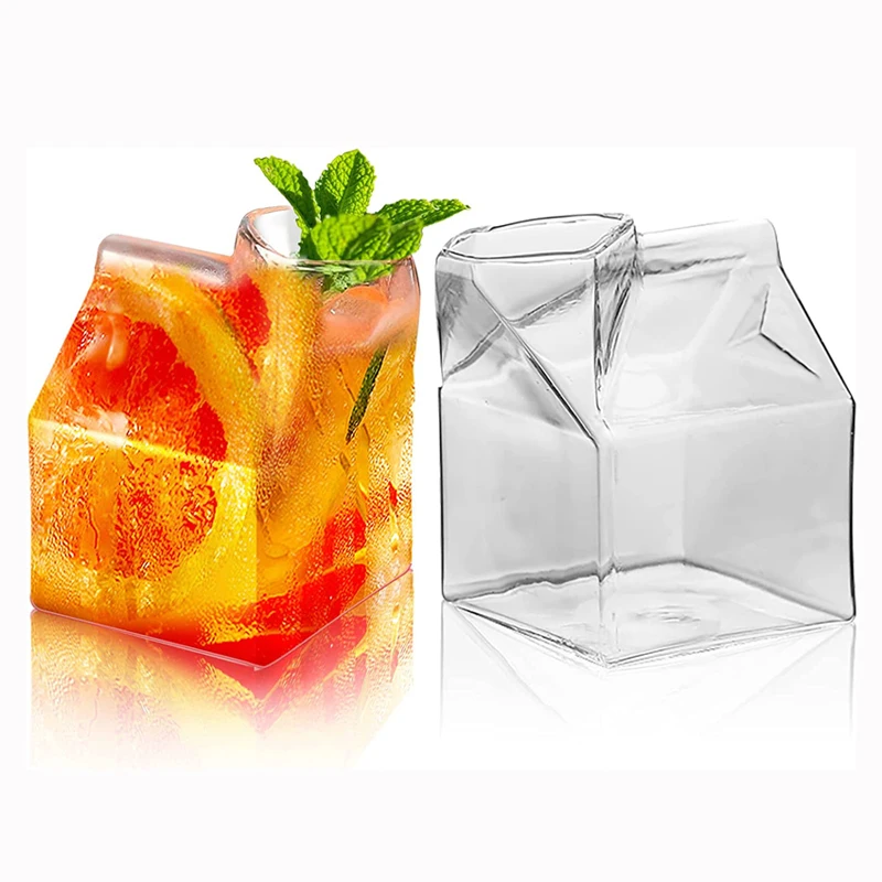 

2Pcs Glass Milk Carton 12oz Martini Cocktail Glasses Coffee Cups Kawaii Creamer Container Juice Cup Creative Milk Box Shape Mugs