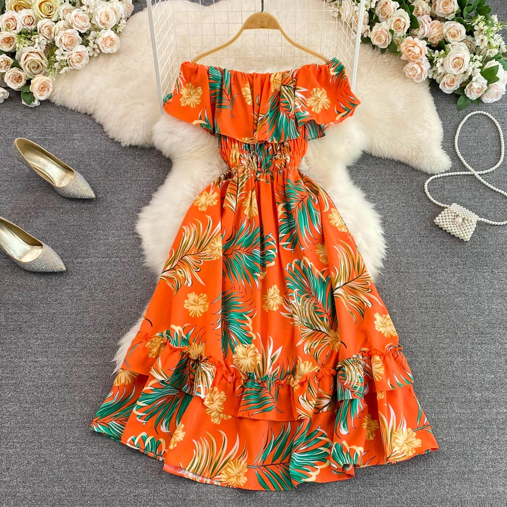 

Женское длинное платье с оборками, повседневное элегантное платье-трапеция с открытыми плечами и цветочным принтом в стиле бохо, летнее праздничное платье