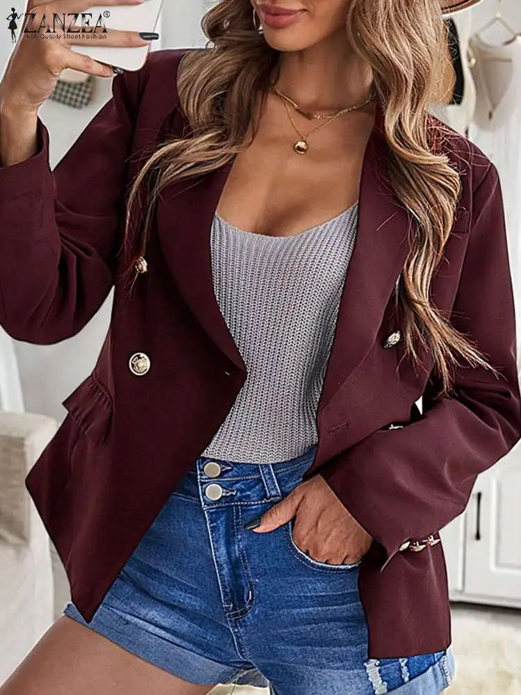 

ZANZEA Office Lady Casual Blazer Women 2023 Fashion Suit Collar Long Sleeve Waisted Suit Coat Autumn Solid Color Patchwork Suits