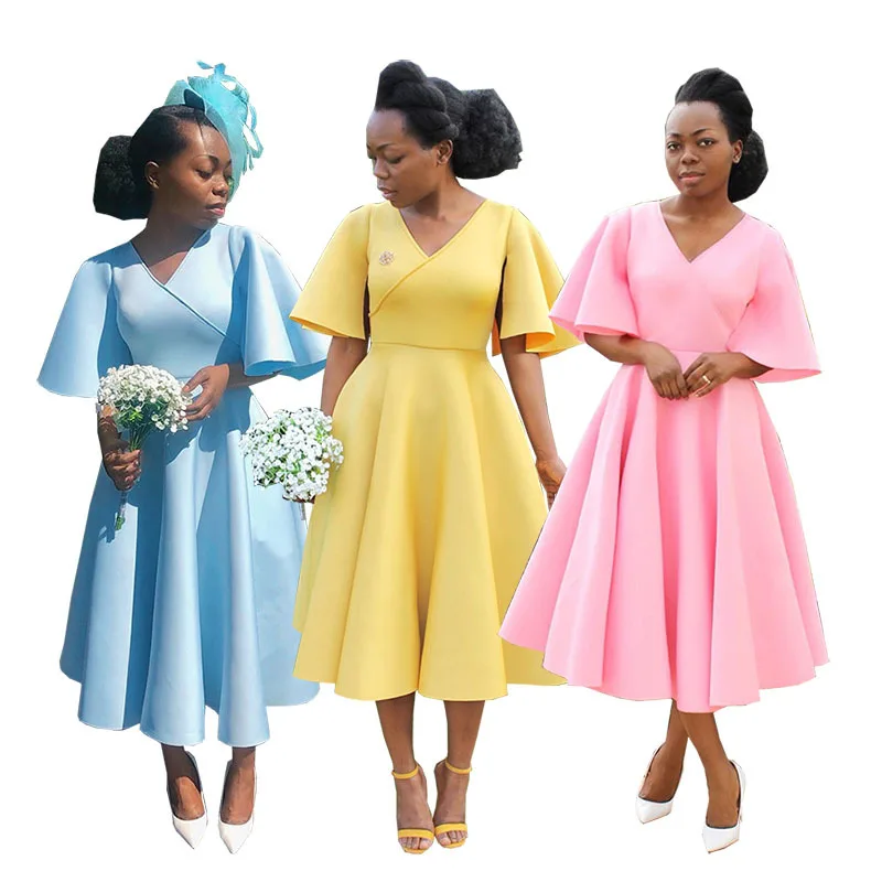 2023 African Women Short Sleeve V-neck Polyester Yellow Pink Party Birthday Wedding Dress Dashiki African Dresses Women
