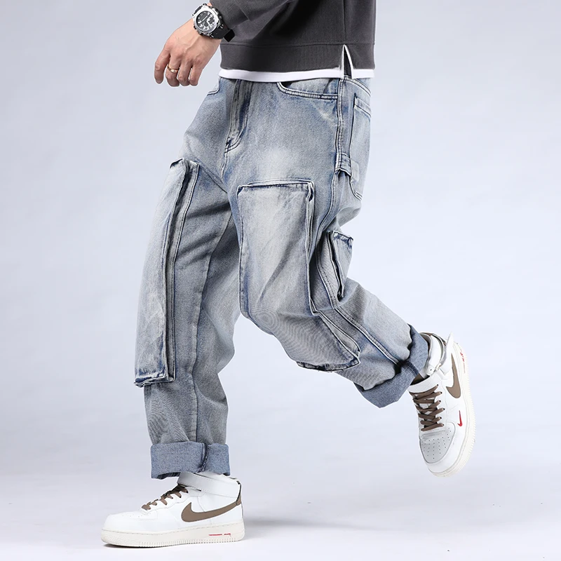 2022 New High Quality Men Jeans Wide Leg Denim Cargo Jean Pants Loose Straight Baggy Jeans  Streetwear Casual Denim Trousers