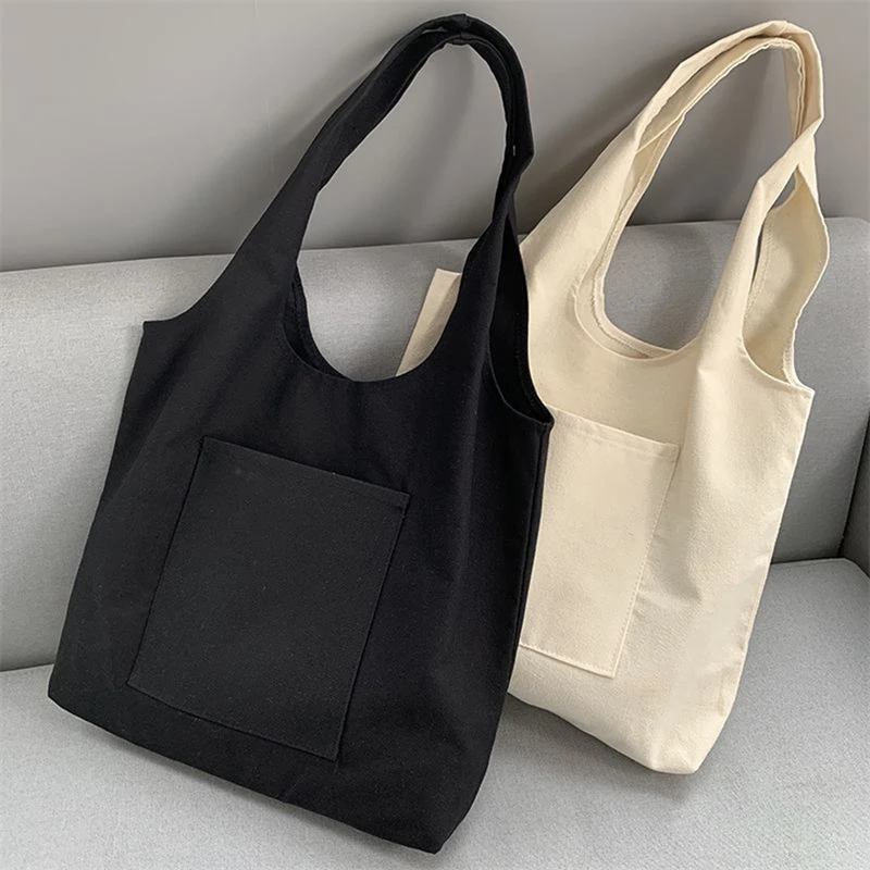 

Women's Shopping Bags Canvas Commuter Vest Bag Cotton Cloth White Black Series Supermarket Grocery Handbags Tote School Bag