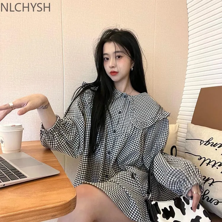 

2022 Early Spring Korean Chic Sweet Big Lapel Pleated Doll Plaid Dress Long-sleeved Women's Fashion