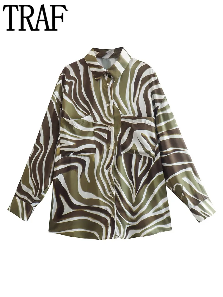 

Рубашка TRAF Женская с воротником-стойкой, блузка с длинным рукавом, винтажная на пуговицах, с принтом животного, в Корейском стиле, лето 2022