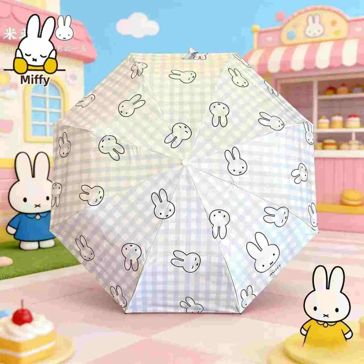 Фото Автоматический зонт Kawaii Miffy Miffy Rabbit для защиты от дождя и солнца, черный виниловый зонт с защитой от солнца, складной зонт от солнца №1