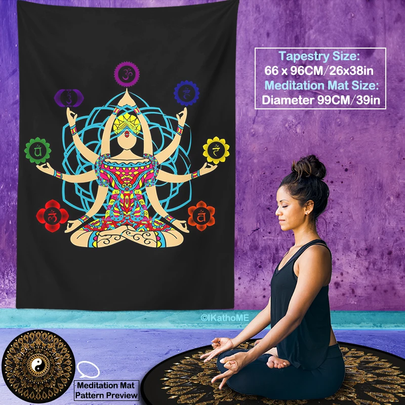 

Yoga Pose Tapestry Vertical Wall Hanging Buddhist Meditation Mat Metatron Altar Cloth Seven Chakras Hexagram Reiki Healing