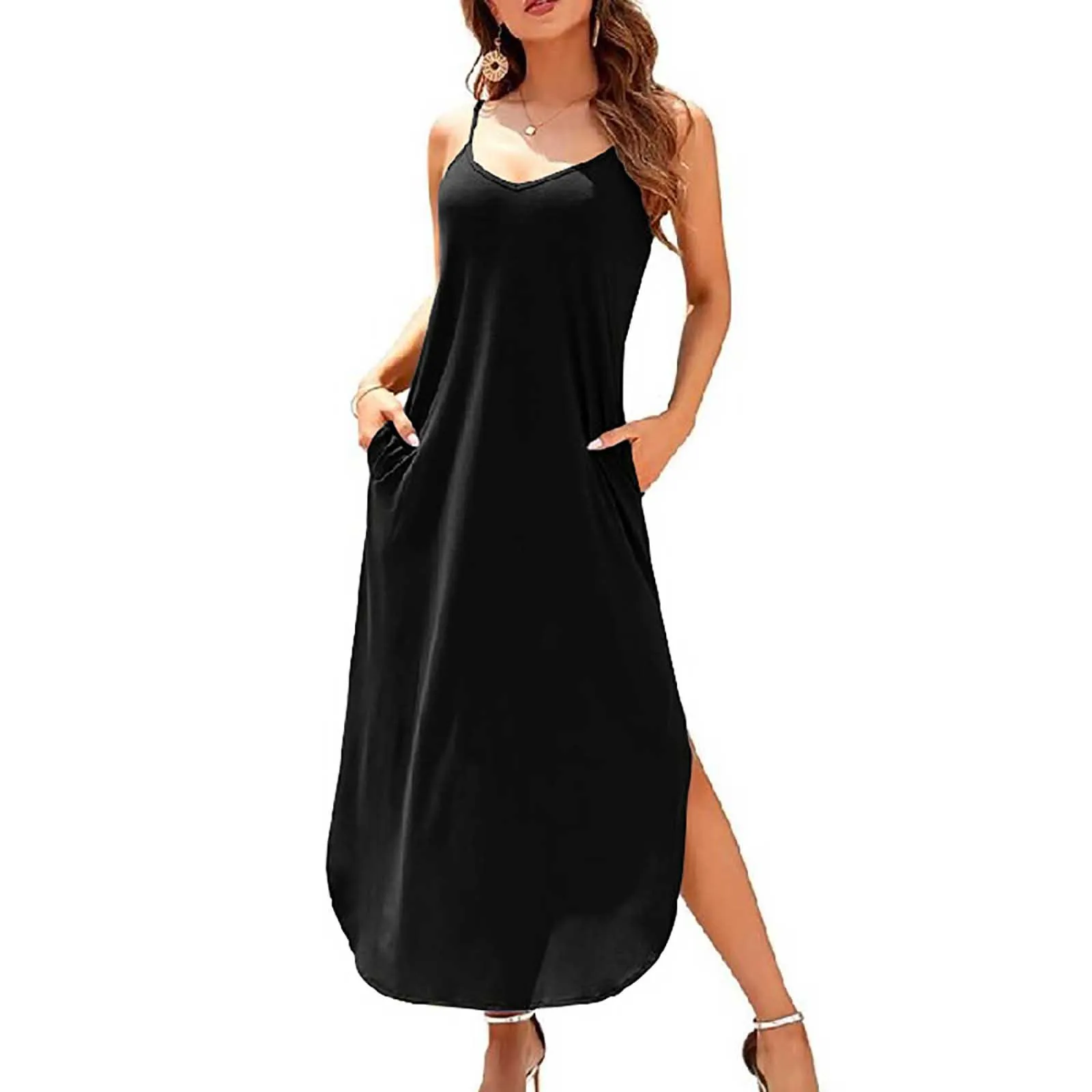 

2023 Summer Womens Long Dress Spaghetti Strap Sleeveless Split Maxi Dresses Ladies 90s Casual Loose Beach Sundress with Pockets