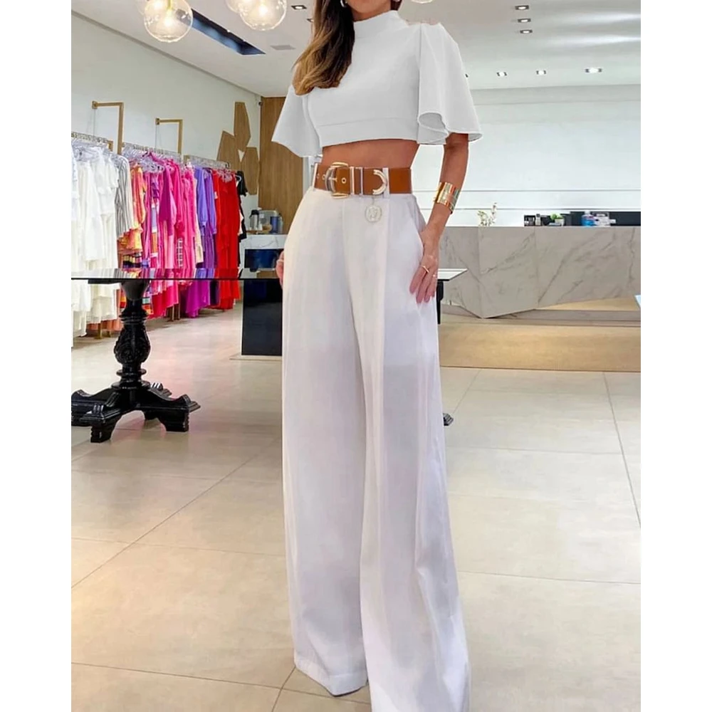 Women Summer Fashion O-neck Flying Sleeve Cisscross Backless Short Top & Wide Leg Pant Sets Casual Two Pieces Set Hip Hop Sets