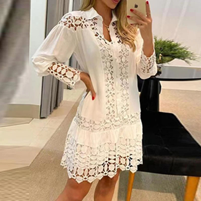 

2023 Spring Sexy Jacquard Embroidered Dress Women Button Lapel Shirts Office Dress Autumn Solid Hollow Party Pullover Dress Belt