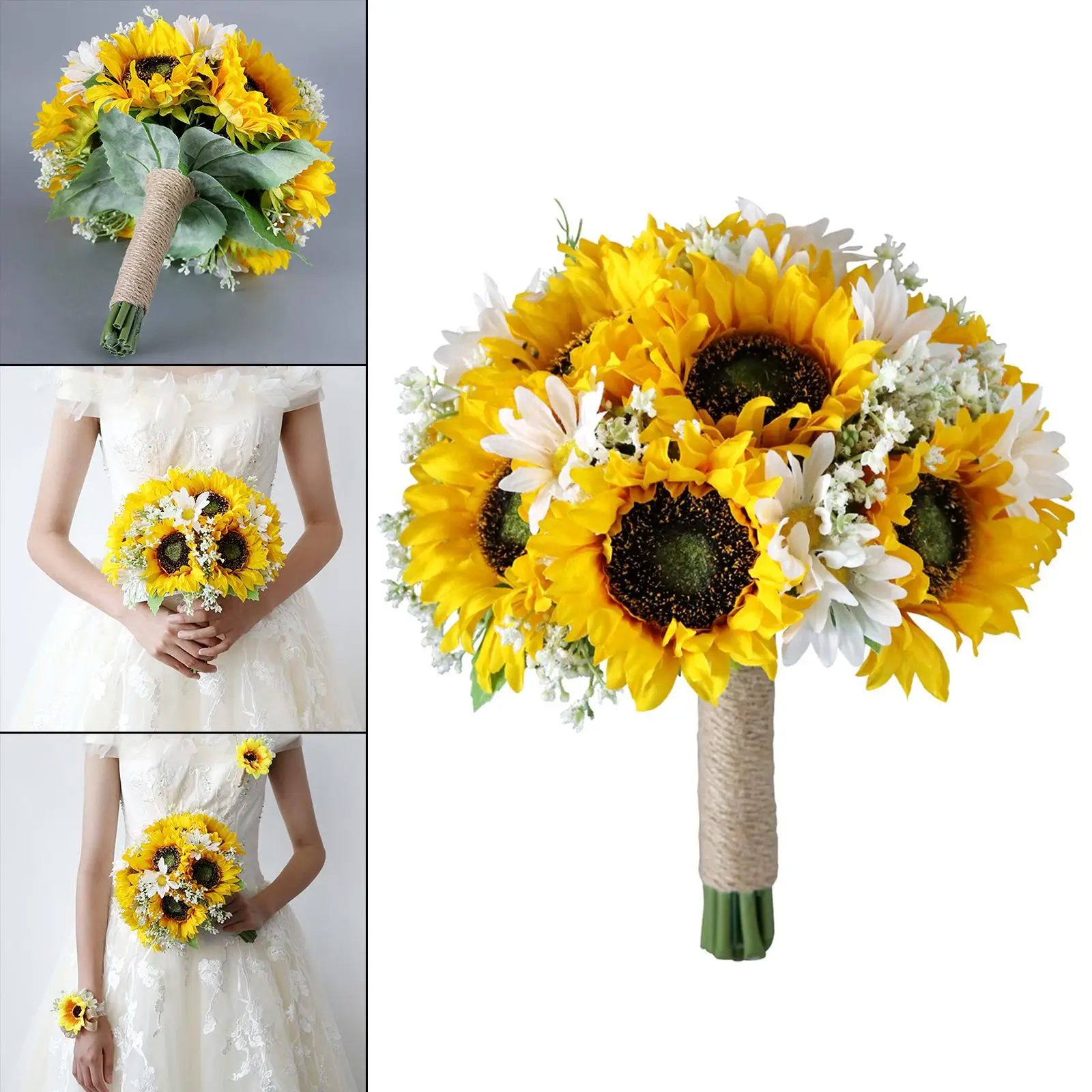 Romantic Wedding Bride Hand Bouquet with Linen Rope Sunflowers Artificial Flowers for Anniversary Ceremony Centerpiece Decor