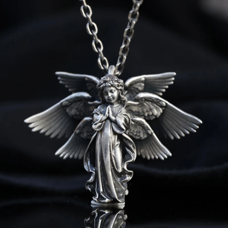 

Vintage Silver Color Six Wings Angel Pendant Necklace for Men Women Long Chain Necklace Hip Hop Jewelry Unisex Party Accessories