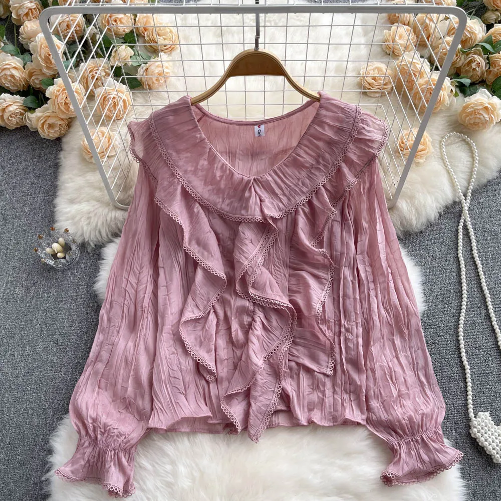 

2022 Niche Ruffled Long Sleeve Shirt Top, Autumn, Small Shirt Loose Shirt women tops vetement femme chic elegant