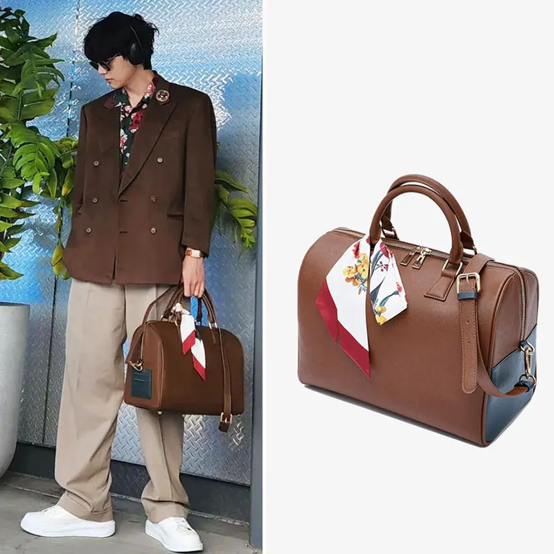 Kim Taehyung V Same Shoulder Bag Brown Handbag Full Size Mini Size Mute Boston Bag Kpop Fashion Korean Large Capacity Bag