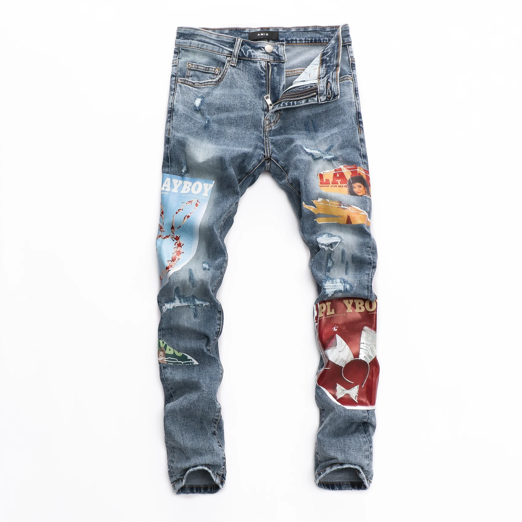 Jeans Men Slim Fit Casual Graffiti Printed Ripped Tights Jeans Males Small Foot Tide Ripped Jeans For Men Pantalon Moto Homme