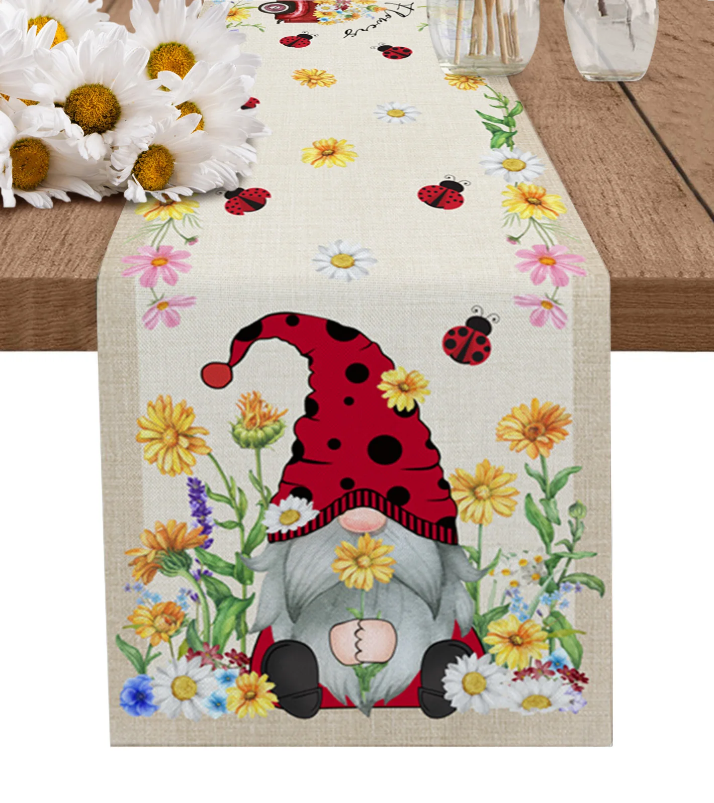 

Summer Daisy Seven Star Ladybug Gnome Table Runner luxury Kitchen Dinner Table Cover Wedding Party Decor Cotton Linen Tablecloth