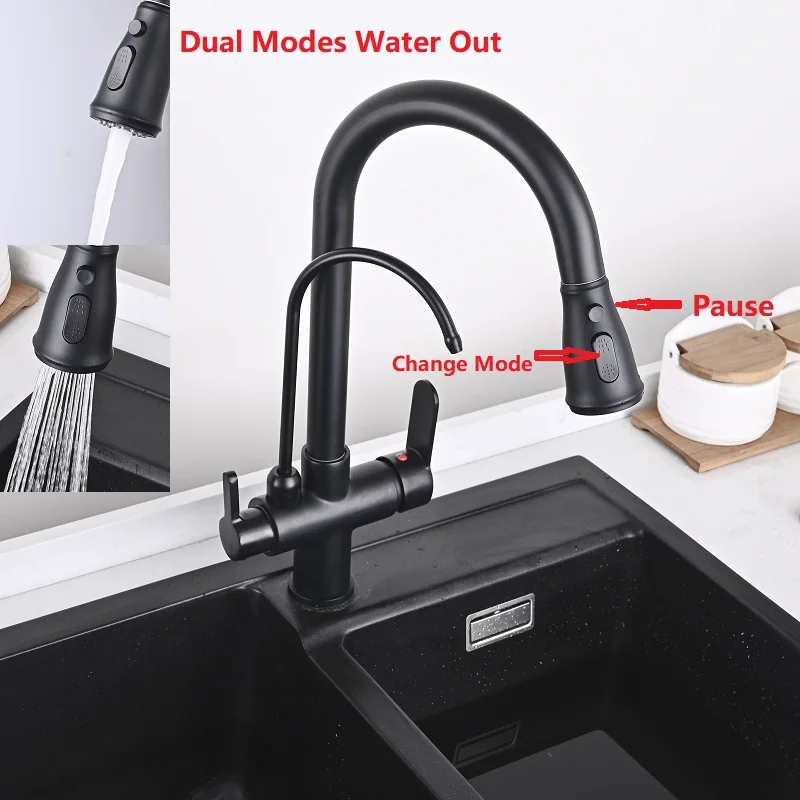 Черный кухонный кран с фильтром выдвижной смеситель для кухни поворот на 360