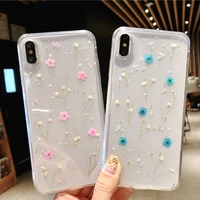 phone case for iphone 6s 6 7 8 plus x xs xr 12 13 mini 11 pro max hot real dry flower glitter clear epoxy star transparent cover