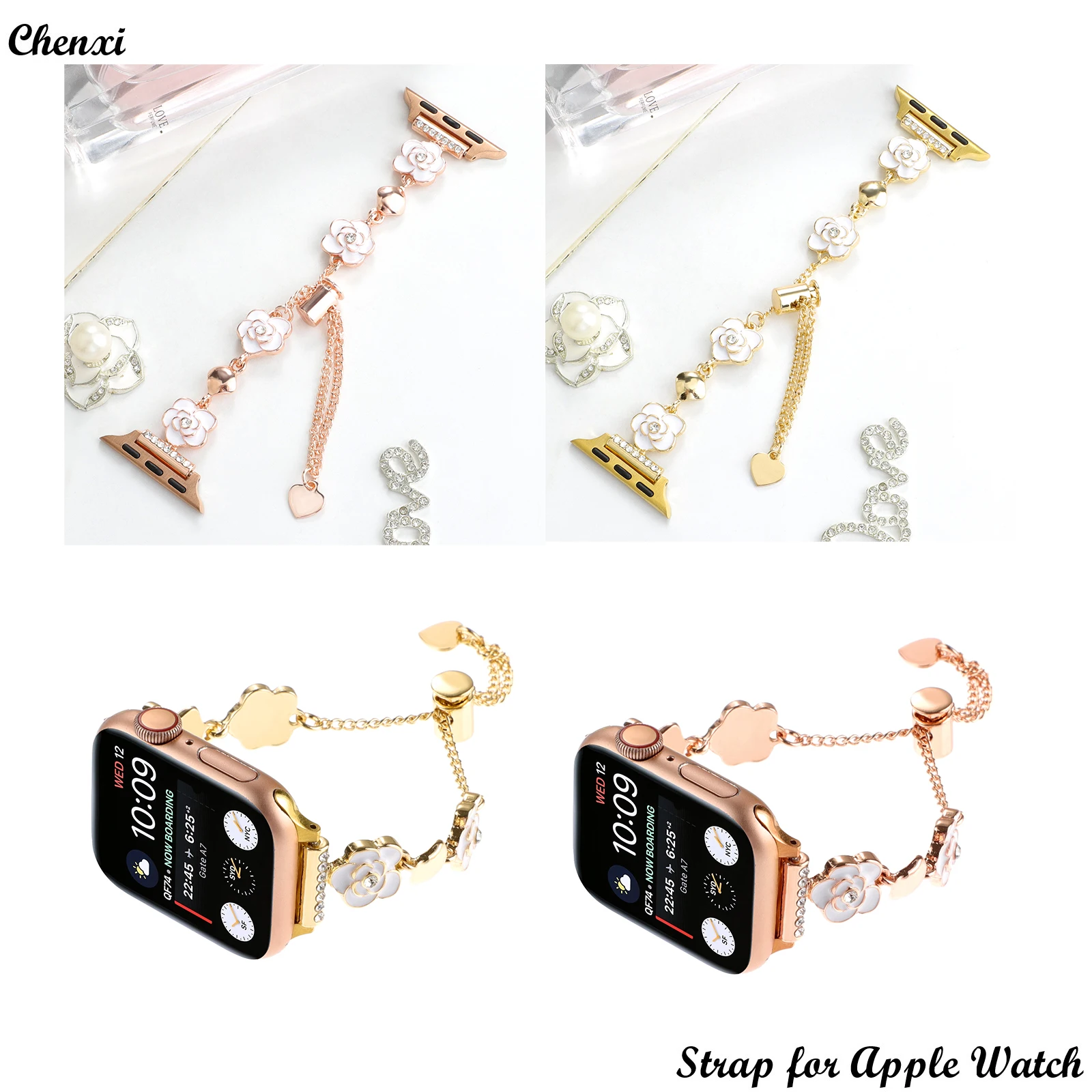 Metal strap for Apple watch band camellia bracelet chain fashion iwatch87654321SE38 40 41 42 44 45 49MM women sweet flower wrist