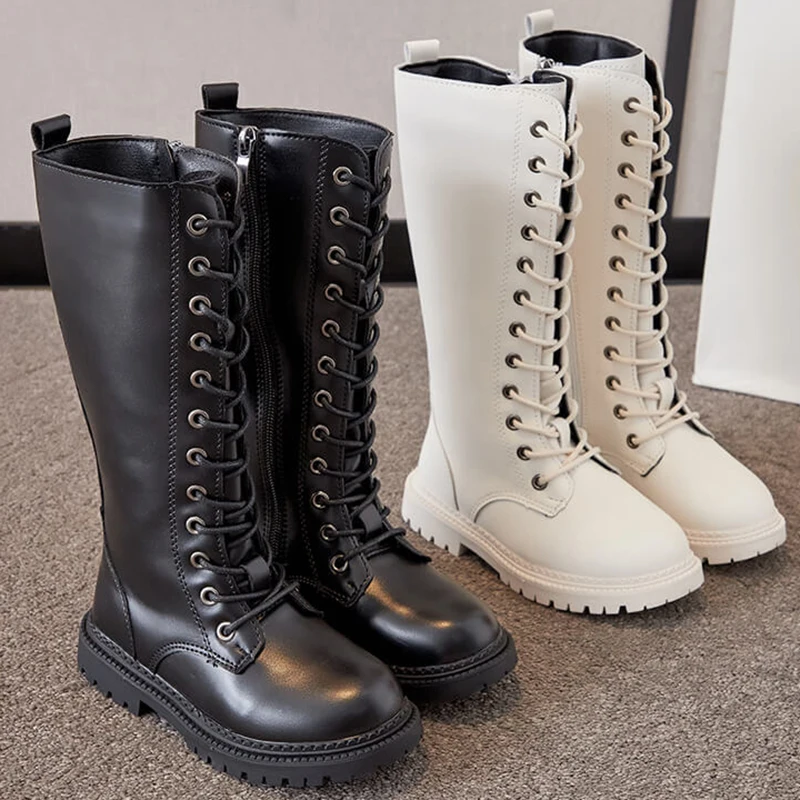 

2023 Children's Autumn Boots Fashion Leather Women's High Boots Side Zipper Kids Winter Shoes Solid Color Girls Shoes Size 27-37