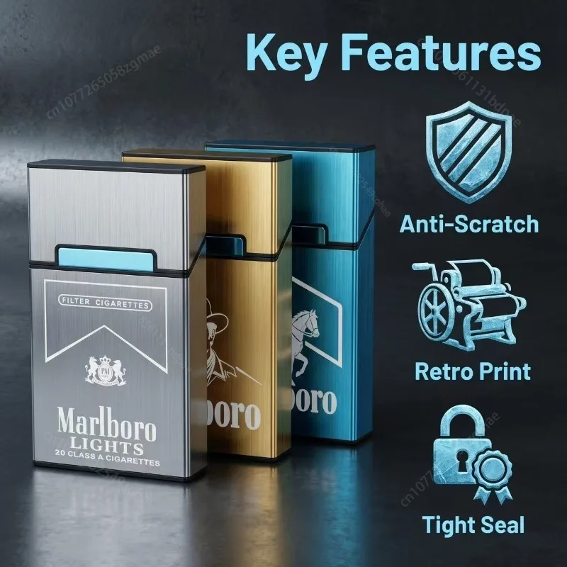 Фото Металлическая коробка для сигарет Marlboro, портативный влагонепроницаемый и ударопрочный футляр для сигарет, мужской аксессуар для сигарет, подарок №3