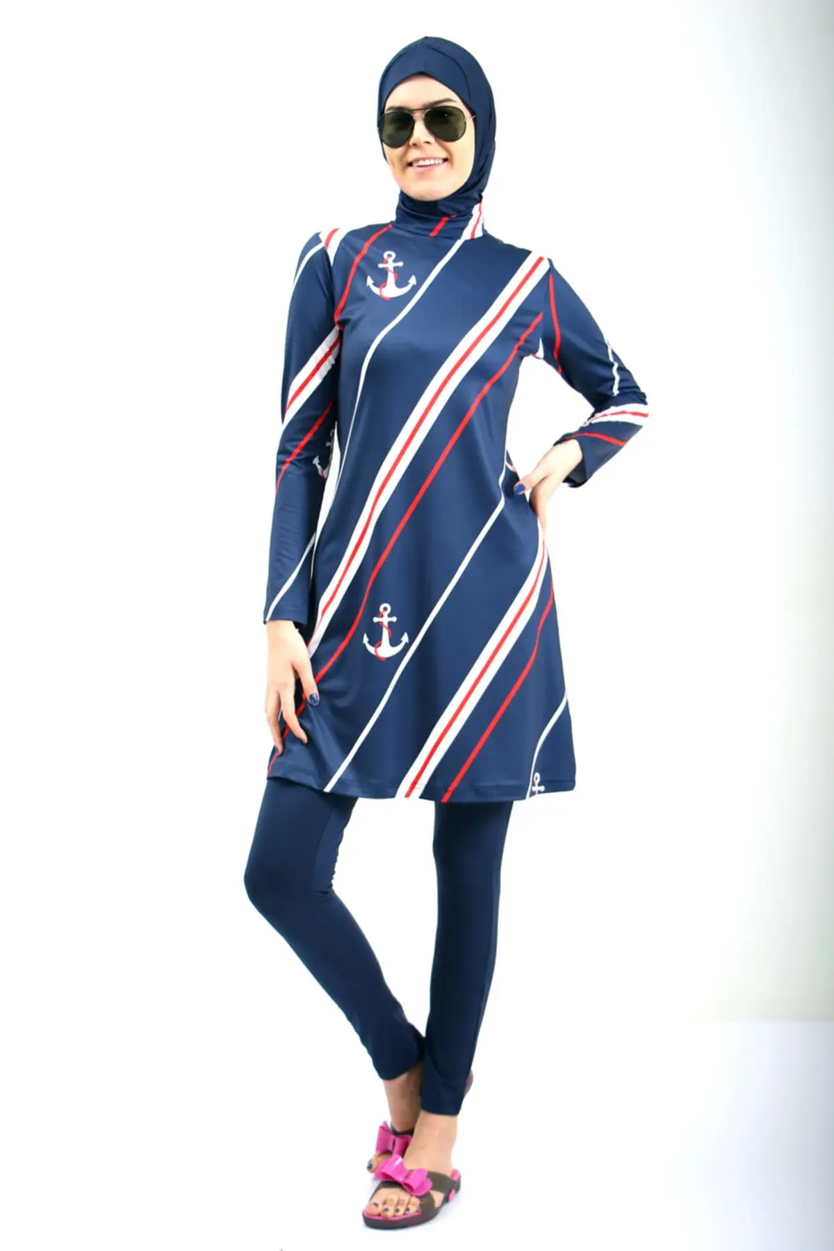 

Muslim Burkinis Melike Marine Patterned Long Swimwear Modest Summer Clothing Hijab Sport Swimsuit Islamic Full Cover