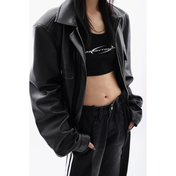 

American High Street Leather Jackets Spring New Lapel Neck Black Coats Mujer Y2k All-match Long Sleeve Zipper Tops Women