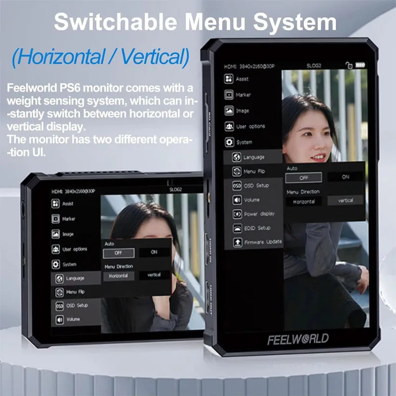 Фото FEELWORLD PS6 5.5-дюймовый OLED-монитор для видеосъемки с вертикальным и горизонтальным режимами, 4K HDMI, 1080x1920, сенсорный экран №2