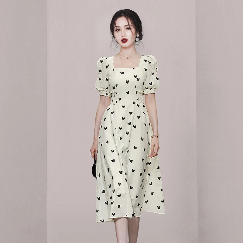 

Elegant Square Collar Dresses for Women Summer Beige Heart Printing Vestido Korean Fashion Puff Sleeve Elastic Waist Slim Dress