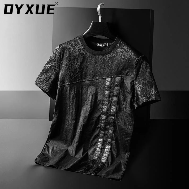 

European high-end 2022 dark jacquard short sleeve t-shirt men's summer ribbon splicing casual men's round neck half sleeve large
