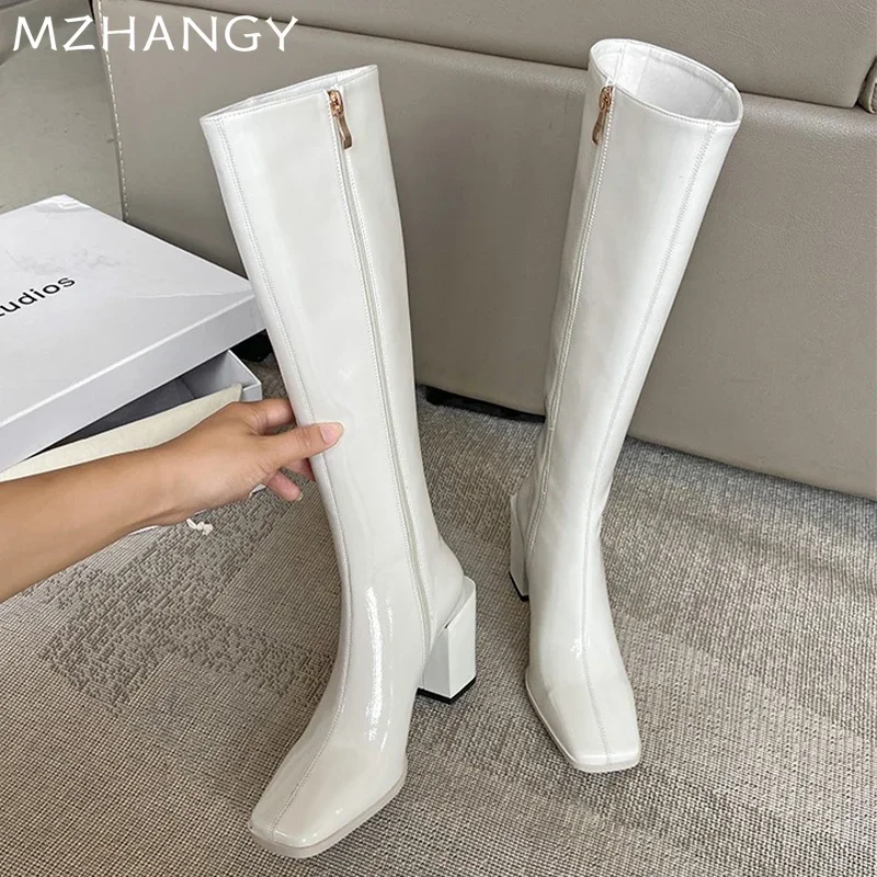 Женские высокие сапоги на высоком каблуке кожаные туфли массивном с квадратным